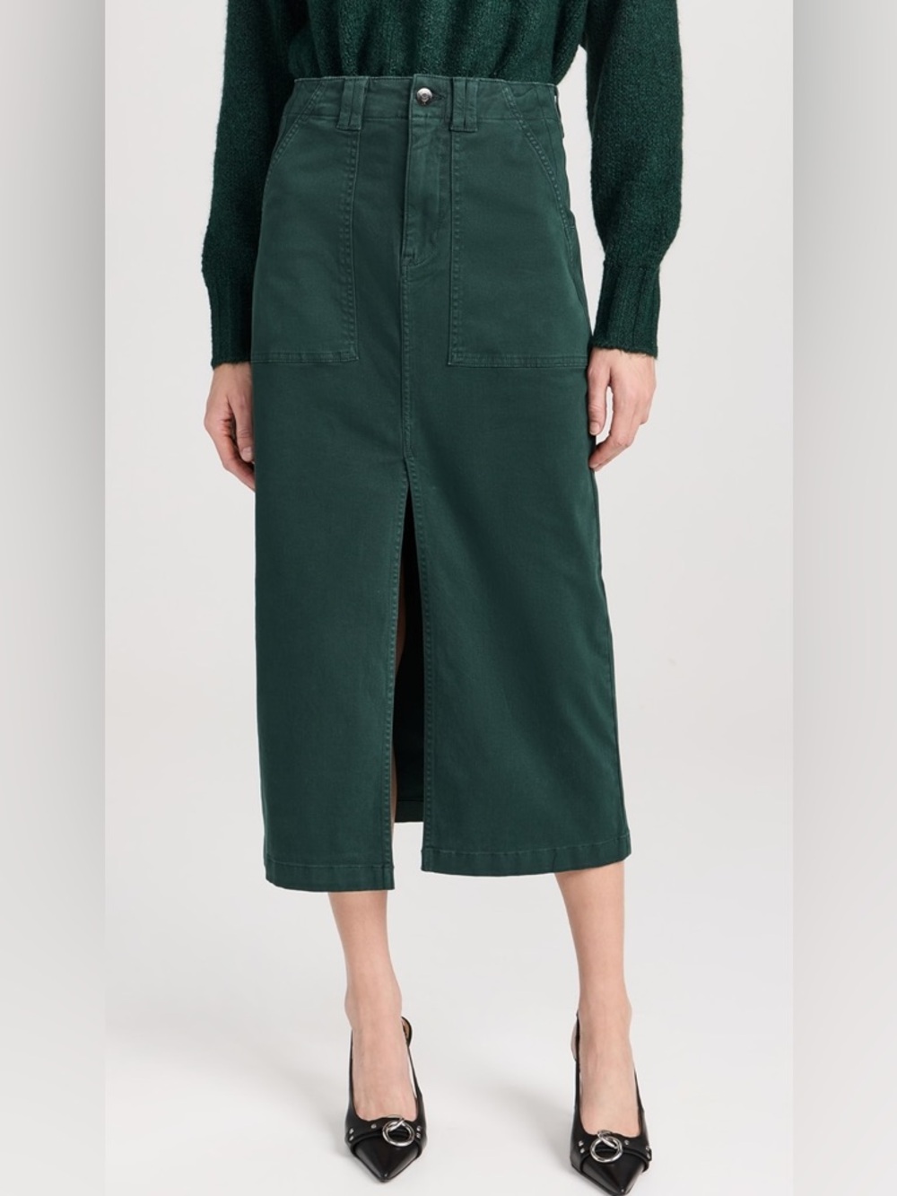 Pistola Pamela Midi Utility Skirt Green High Rise Stretch Denim Size 31